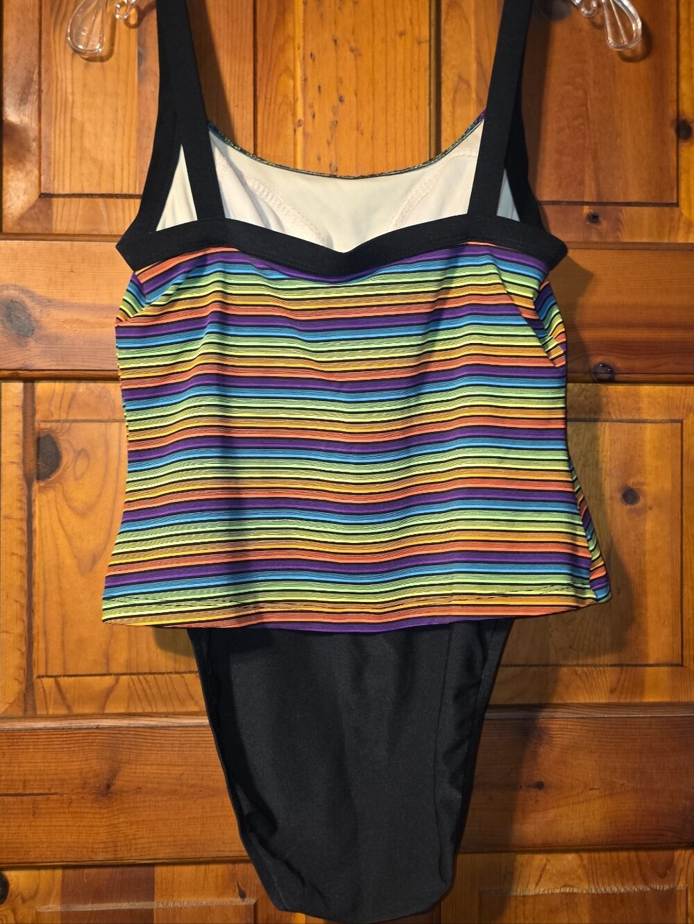 Beach Cabana Szm Rainbow Striped Swimsuit with Black Bottom. One Piece